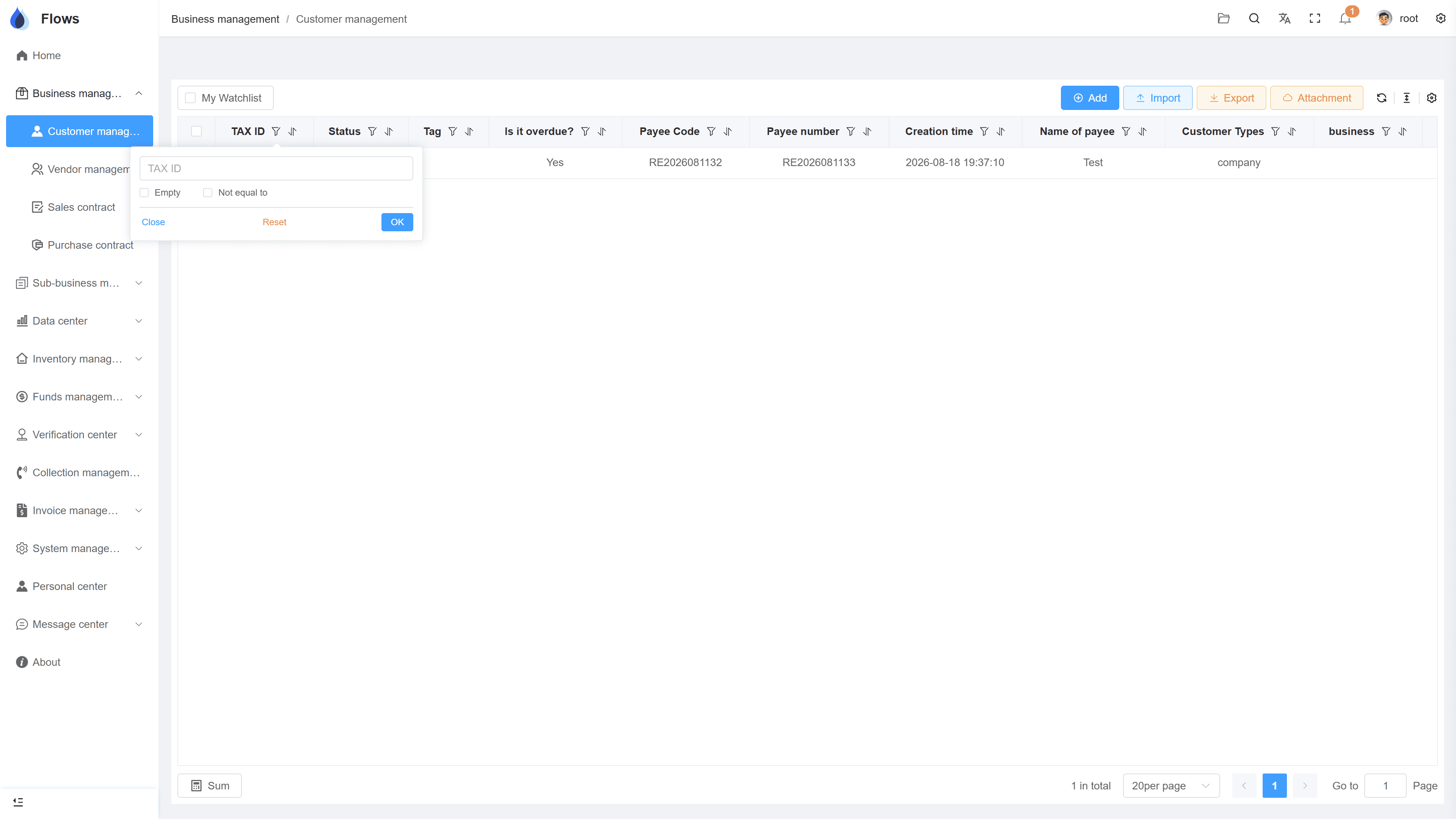 The filtered list view