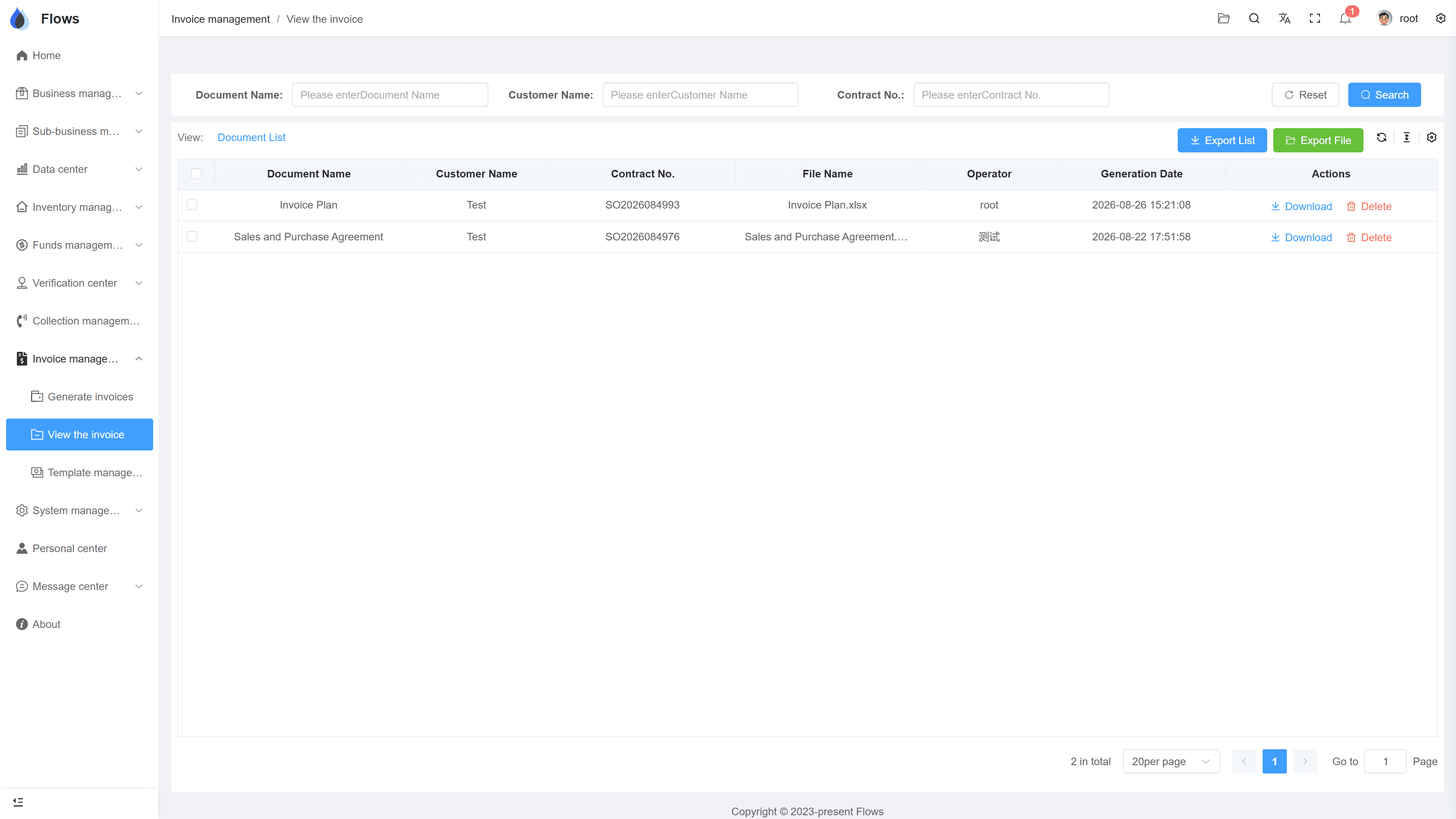 Invoice list with statuses