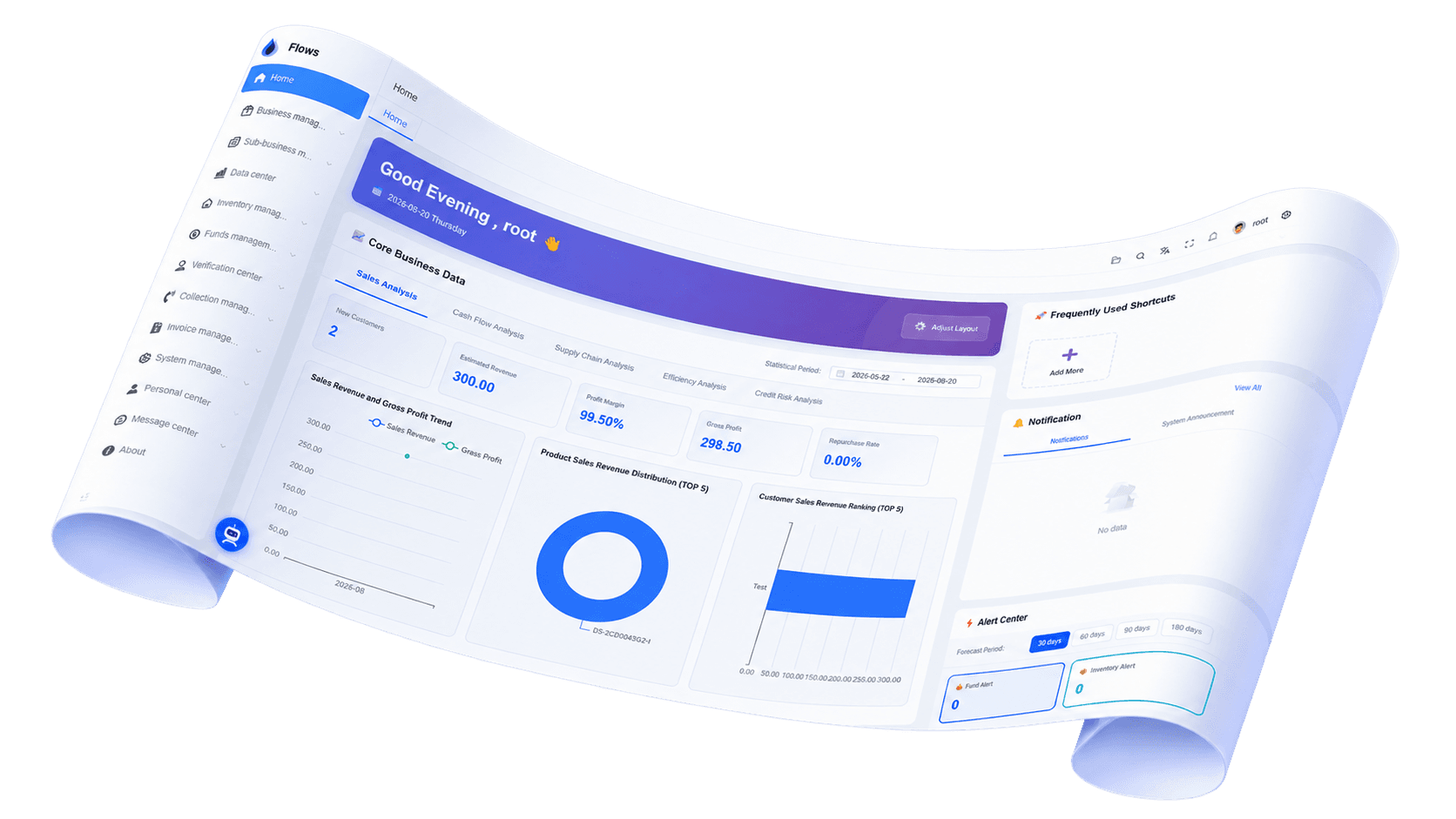 แดชบอร์ดหน้าแรกของ Flows ERP — UI ภาษาไทย อังกฤษ และจีน
