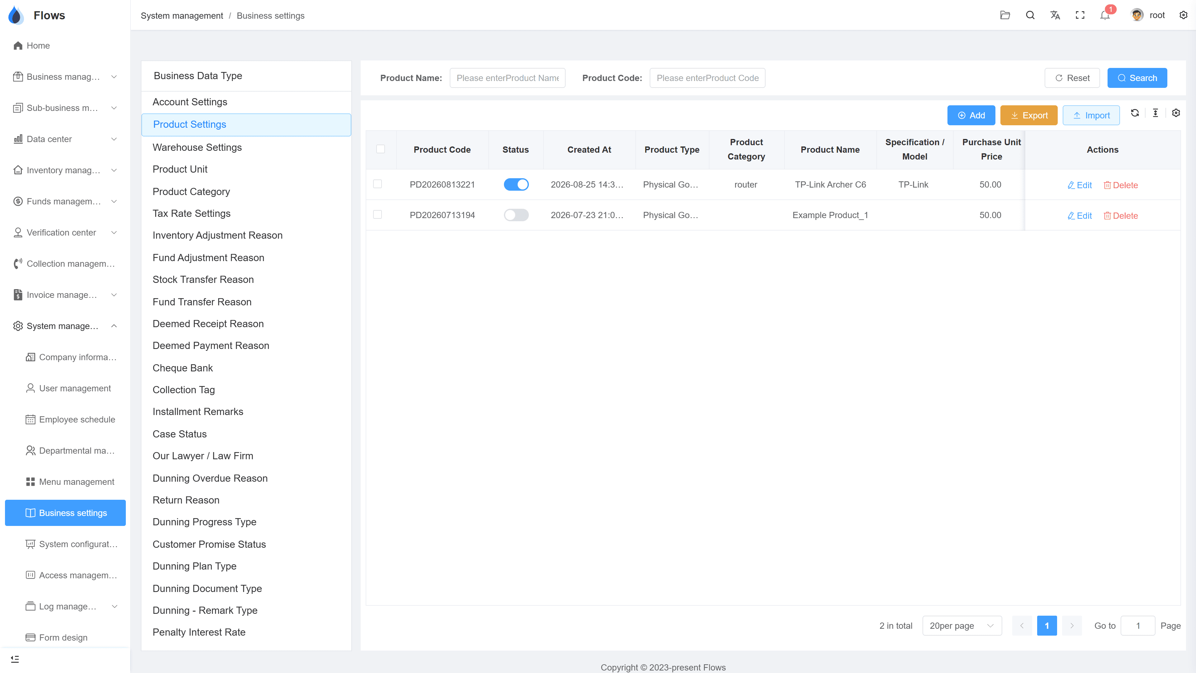 Product setup